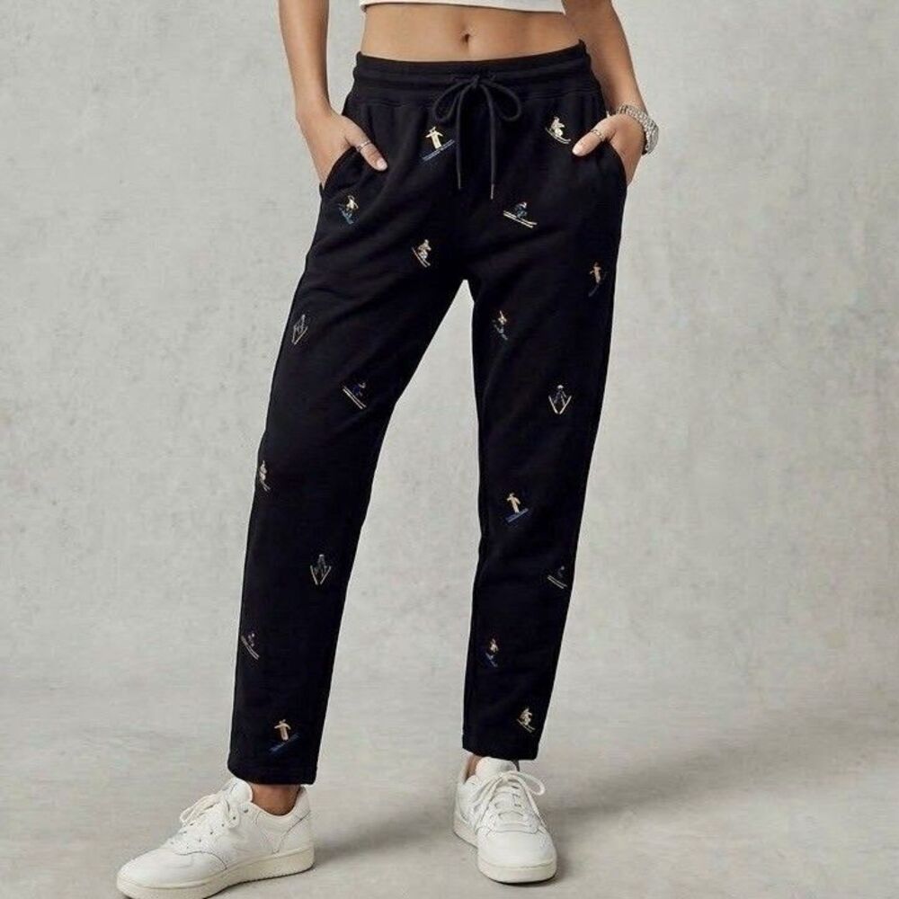 Lou & Grey LOFT Womens Black Embroidered Skier Ski Sweatpants Small Cozy Winter